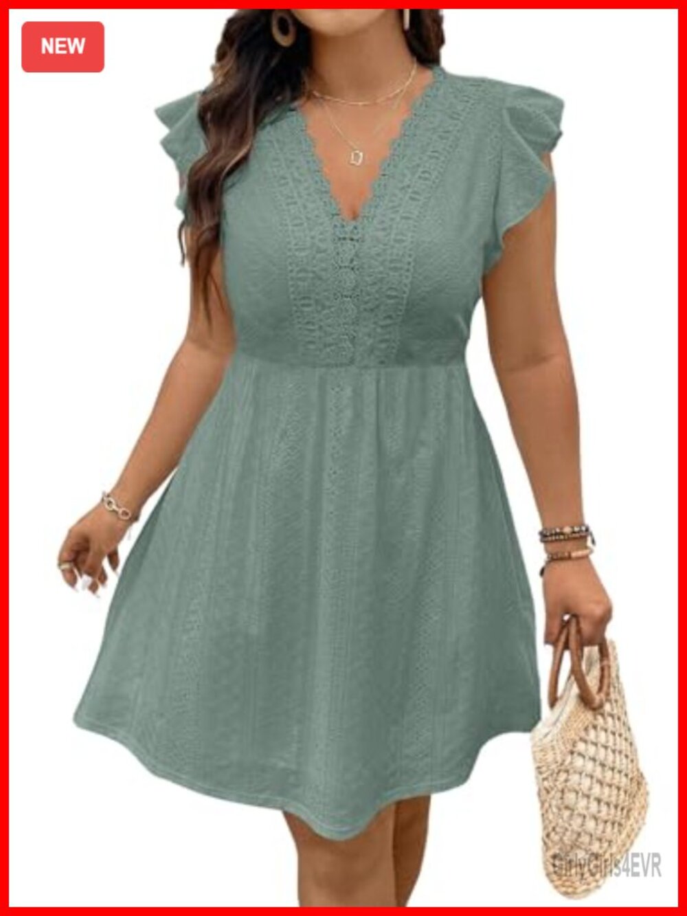 Plus Size Eyelet Lace V Neck Ruffle Cap Sleeve A Line Mini Dress